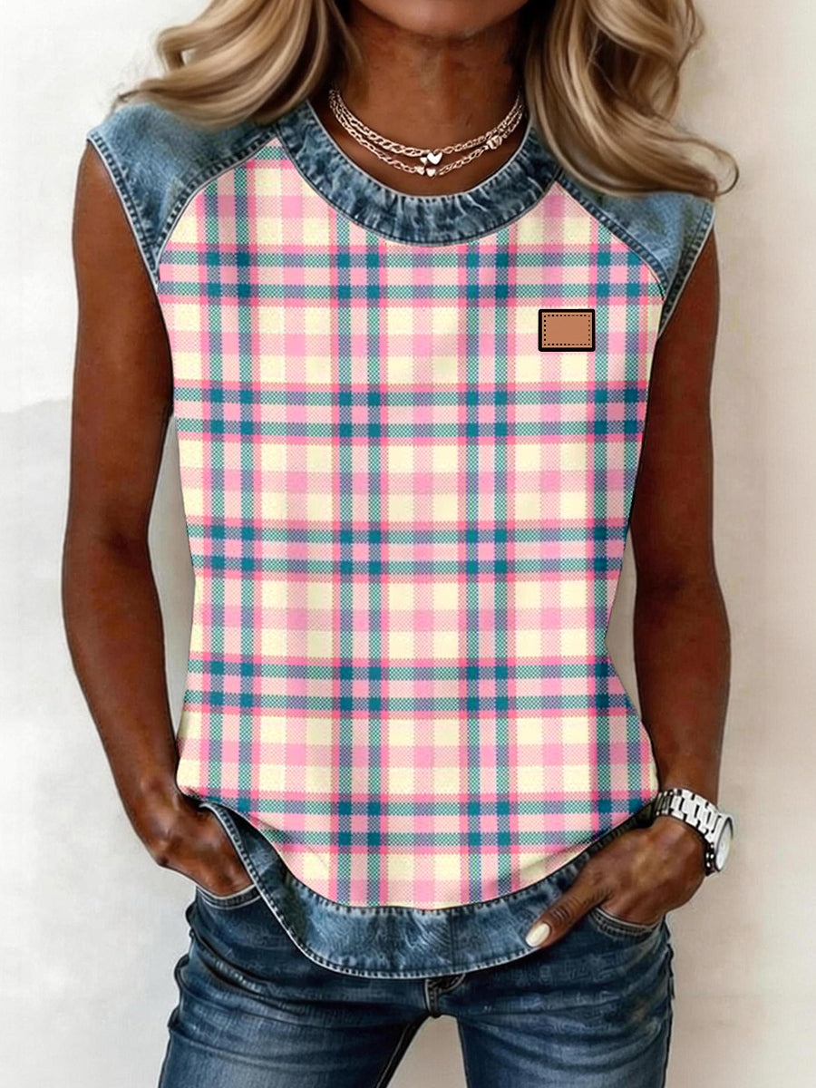 Women's Plaid Pattern Denim Patchwork Sleeveless Top gracestitchs