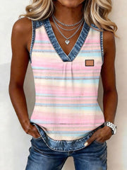 Women's Abstract Art Pattern Denim Patchwork Top gracestitchs