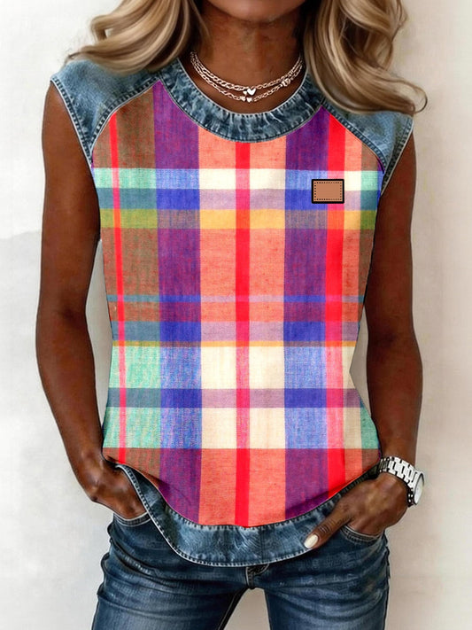 Women's Plaid Pattern Denim Patchwork Sleeveless Top gracestitchs