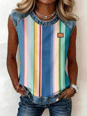 Women's Striped Pattern Denim Patchwork Sleeveless Top gracestitchs