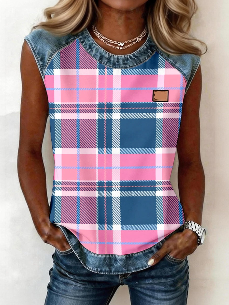 Women's Plaid Pattern Denim Patchwork Sleeveless Top gracestitchs