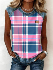 Women's Plaid Pattern Denim Patchwork Sleeveless Top gracestitchs
