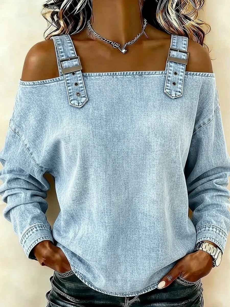 Women's off-the-shoulder long-sleeved denim top with shoulder straps