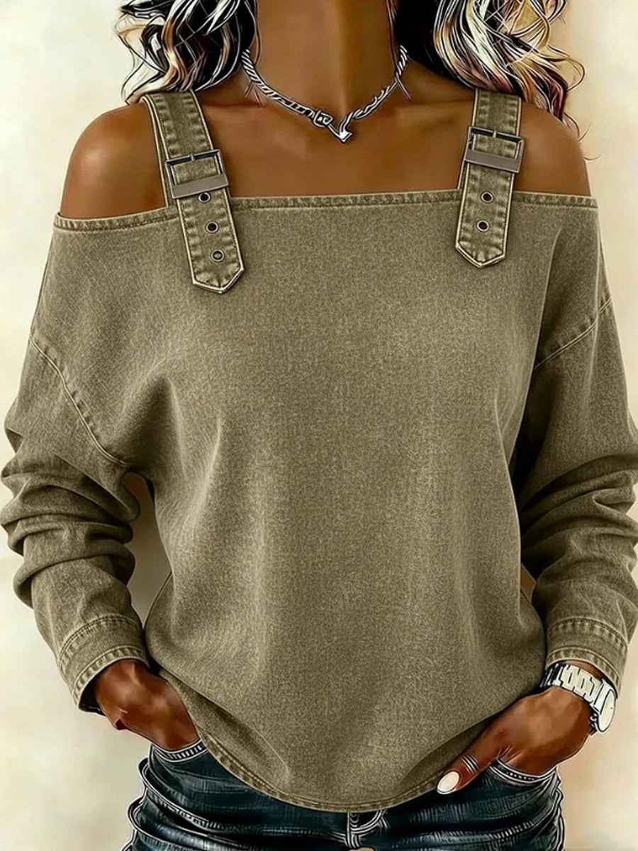 Women's off-the-shoulder long-sleeved denim top with shoulder straps
