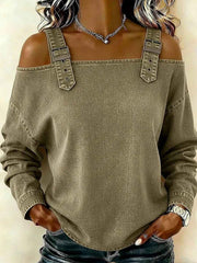 Women's off-the-shoulder long-sleeved denim top with shoulder straps