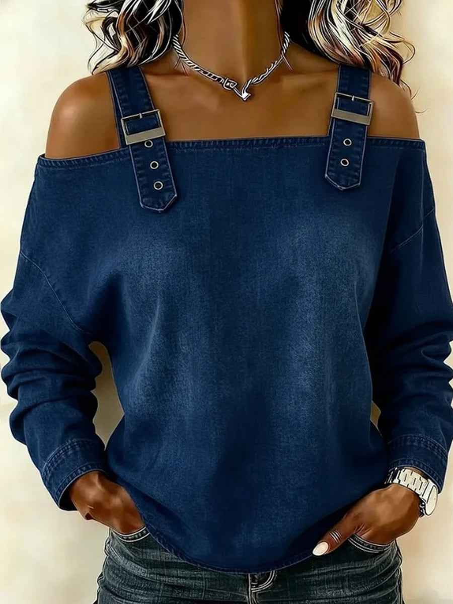 Women's off-the-shoulder long-sleeved denim top with shoulder straps