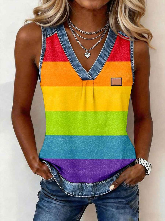 Women's Rainbow Colored Striped Print Denim Patchwork Top