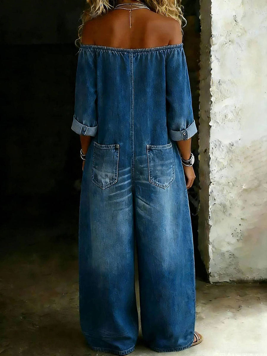 Women's denim off-shoulder jumpsuits
