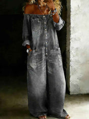Women's denim off-shoulder jumpsuits