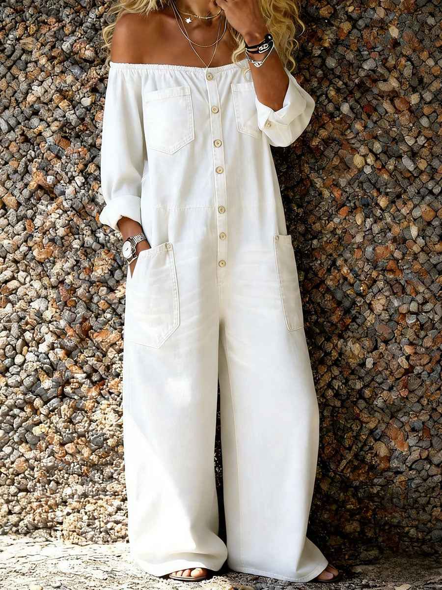 Women's denim off-shoulder jumpsuits