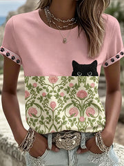 Women's Black Cat With Floral Graphic Casual Short Sleeve T-shirt gracestitchs
