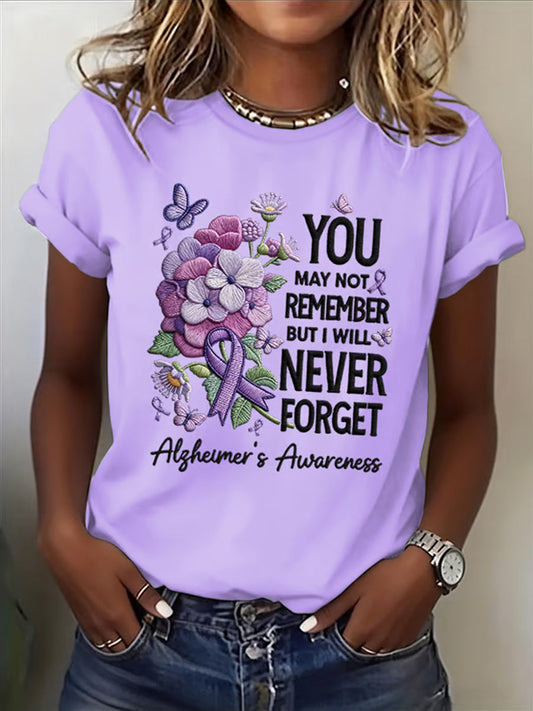 Women's Casual Alzheimer's Awareness Purple Flowers Short Sleeve T-Shirt gracestitchs