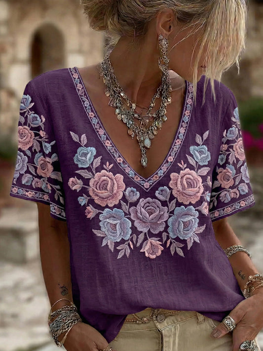 Women's Alzheimer's Awareness Floral Casual Short Sleeves V-neck Shirt gracestitchs