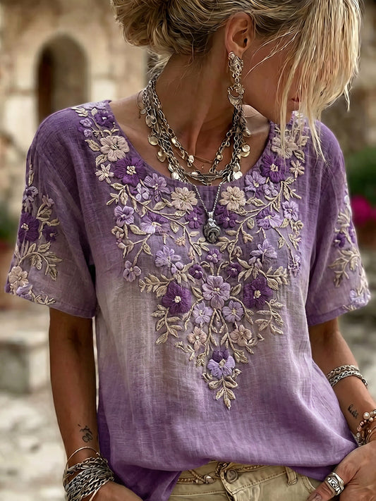 Women's Alzheimer's Awareness Floral Casual Short Sleeves Linen Shirt gracestitchs