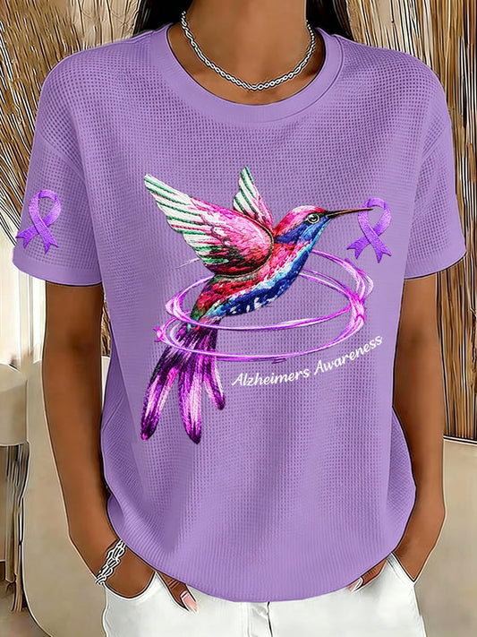 Women's Alzheimer's Awareness Purple Ribbon Waffle Fabric Short-sleeved T-shirt gracestitchs