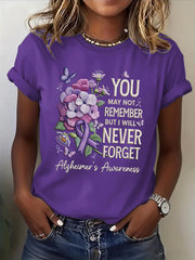 Women's Casual Alzheimer's Awareness Purple Flowers Short Sleeve T-Shirt gracestitchs