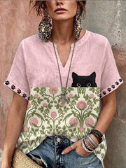 Women's Black Cat With Floral Graphic Casual Short Sleeve Linen Shirt gracestitchs