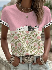 Women's Cute Cats With Floral Graphic Casual Short Sleeve T-shirt gracestitchs