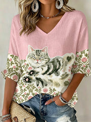 Women's Cute Cat With Floral Graphic Casual Linen V-Neck Shirt gracestitchs