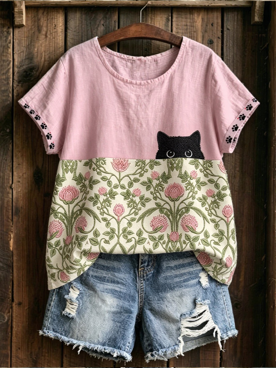 Women's Black Cat With Floral Graphic Casual Short Sleeve Linen Shirt gracestitchs
