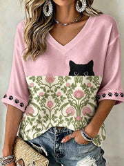 Women's Black Cat With Floral Graphic Casual Mid-length Sleeves V-Neck T-Shirt gracestitchs