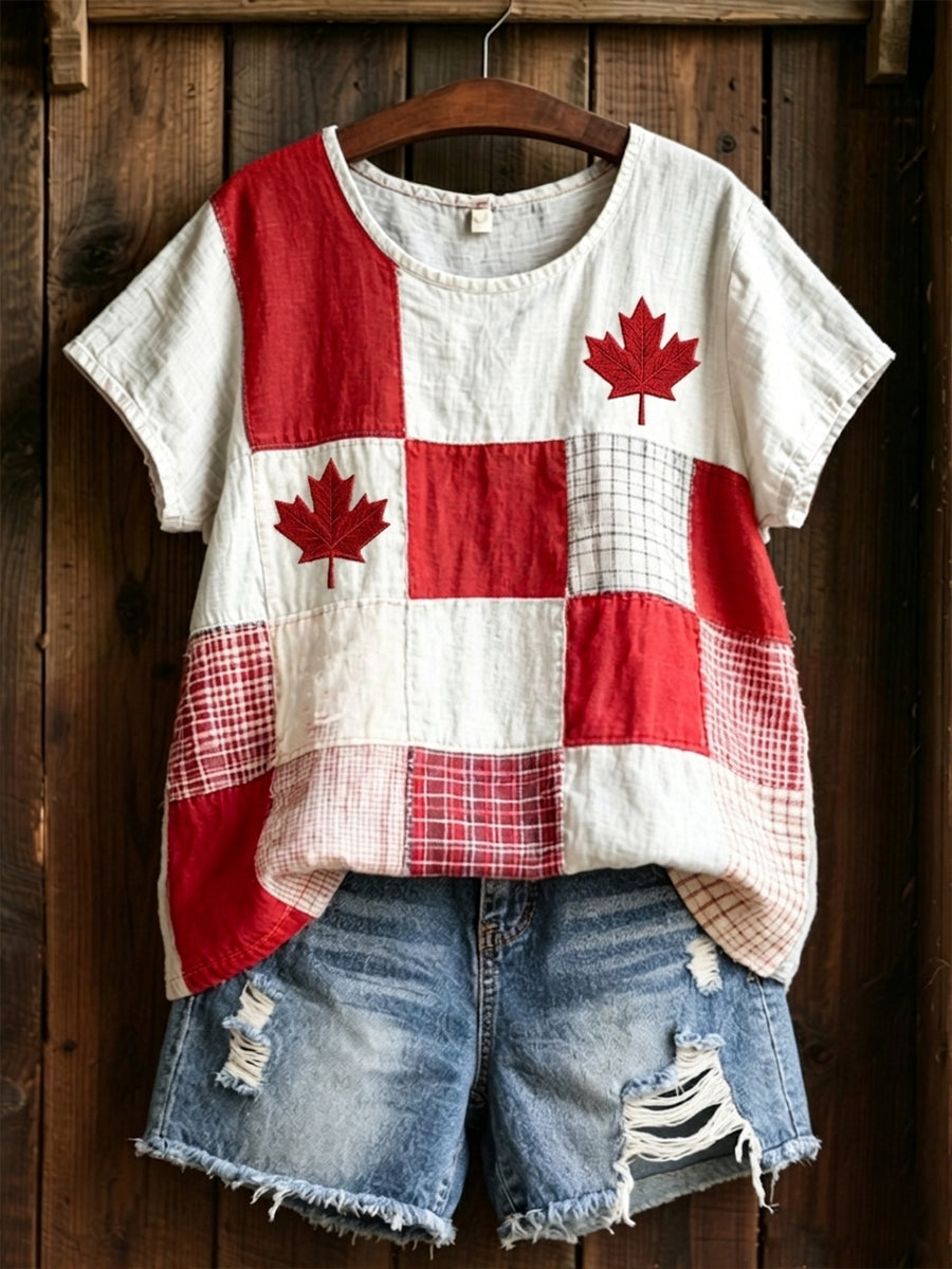 Women's  Maple Leaf Checkered Print Casual Tee gracestitchs