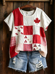 Women's  Maple Leaf Checkered Print Casual Tee gracestitchs