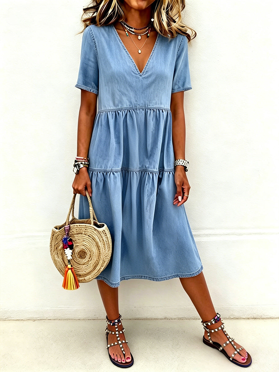 Women's Casual Elegant V-Neck Denim Dress gracestitchs