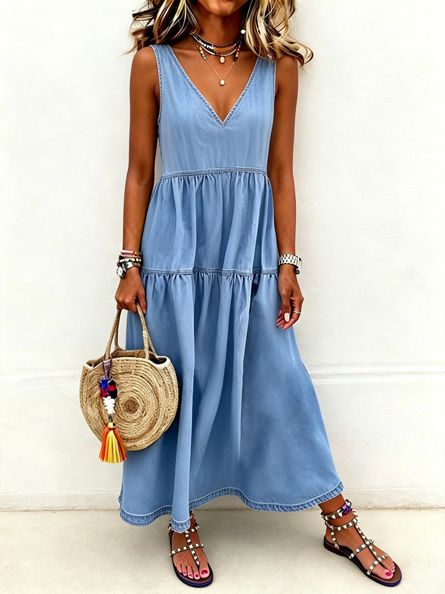 Women's Casual Elegant V-Neck Sleeve Long Denim Dress gracestitchs