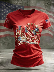 Women's Independence Day Floral USA Flag Print Casual Tee gracestitchs