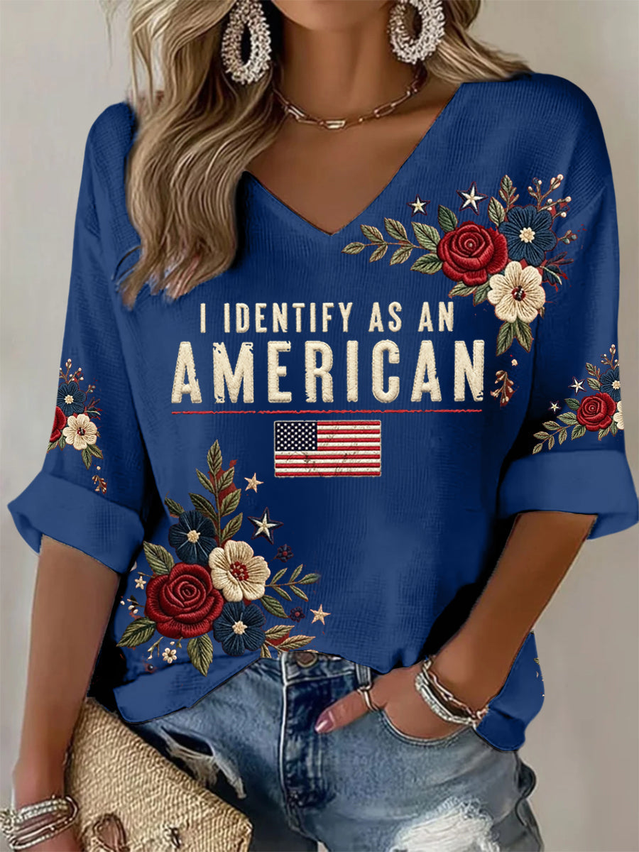 Women's I Identify As An American Floral USA Flag Print Casual Patriot Waffle Top gracestitchs