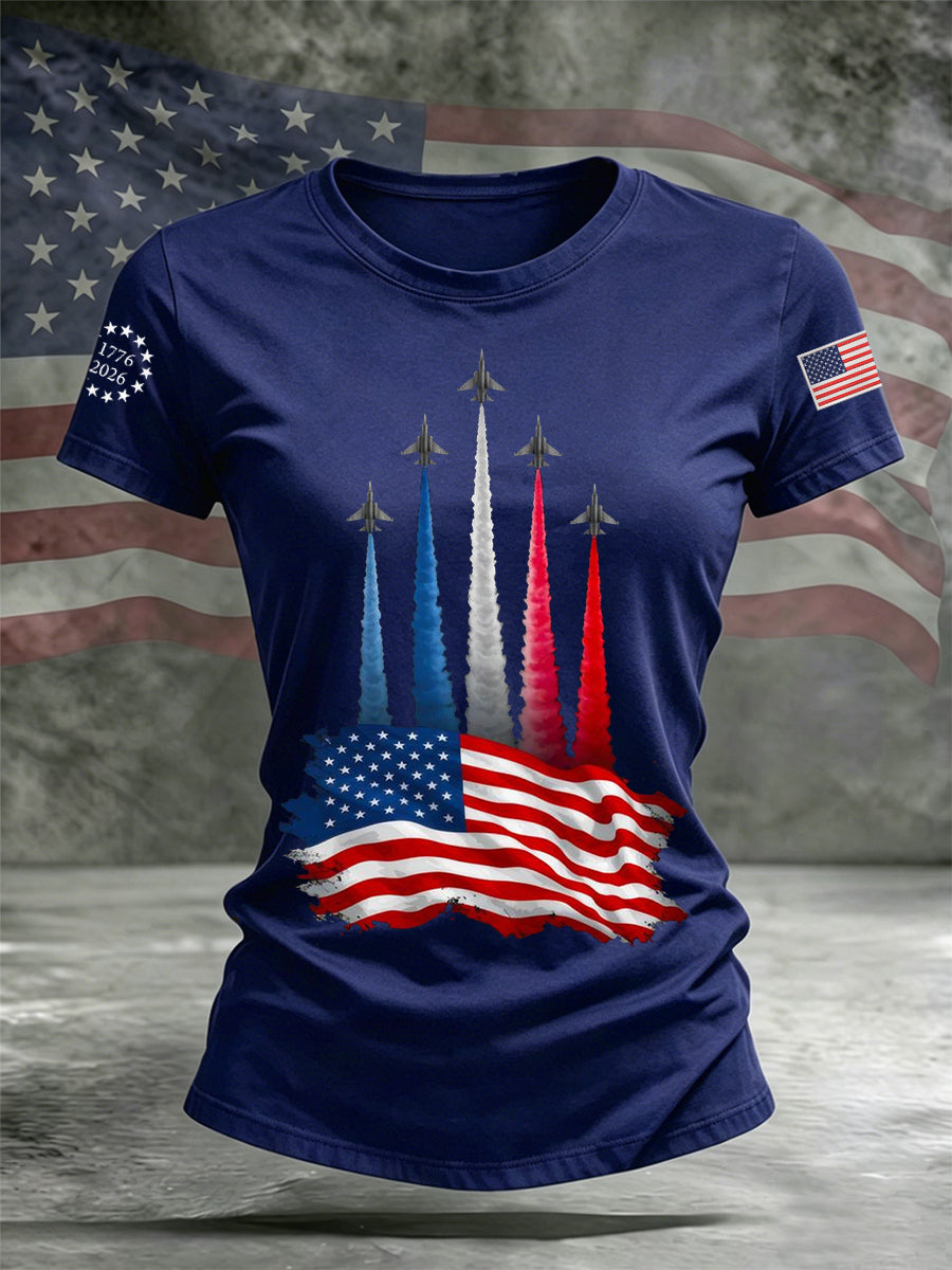 Women's Independence Day American Flag Jet Planes Print Casual Tee gracestitchs