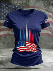 Women's Independence Day American Flag Jet Planes Print Casual Tee gracestitchs
