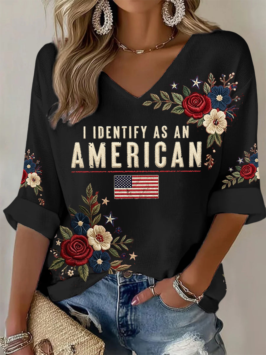 Women's I Identify As An American Floral USA Flag Print Casual Patriot Waffle Top gracestitchs