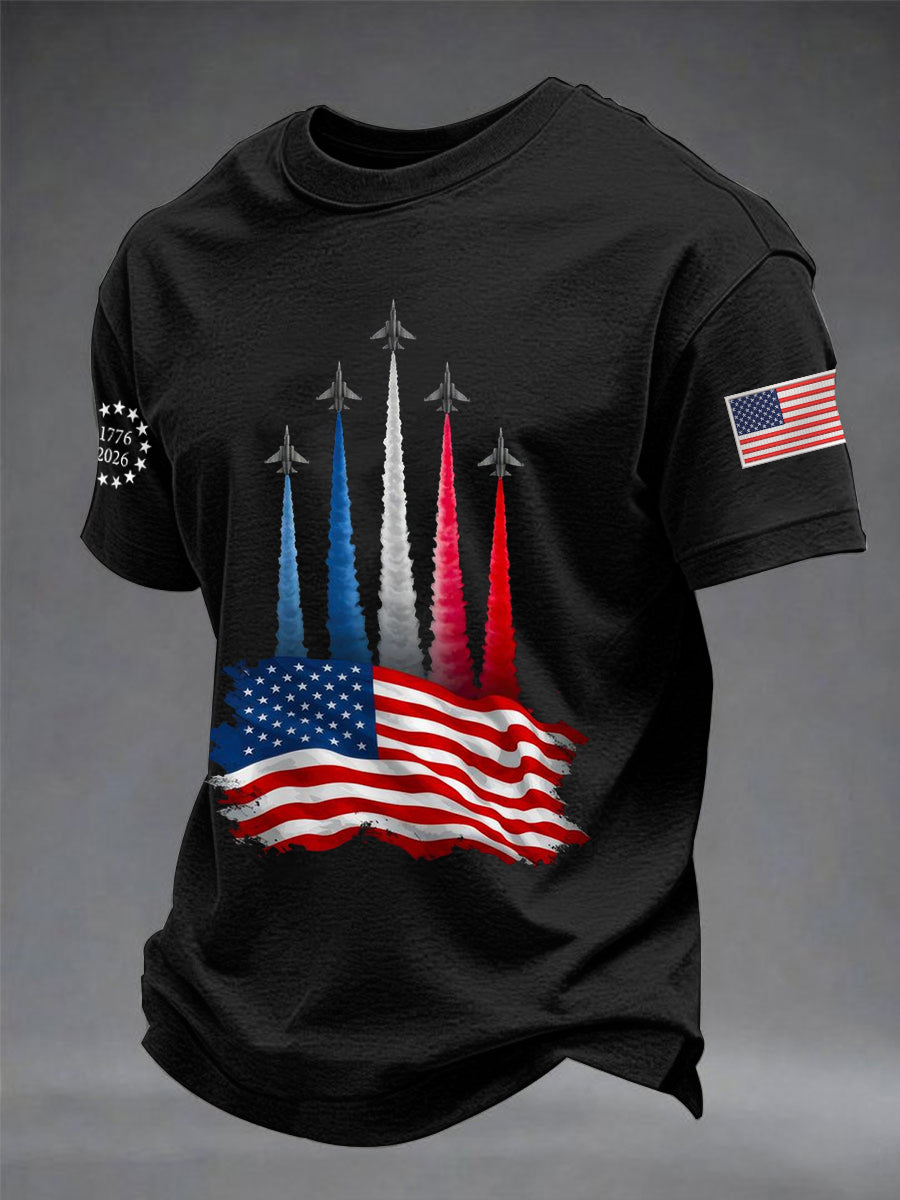Men's Independence Day American Flag Jet Planes Print Casual Tee gracestitchs