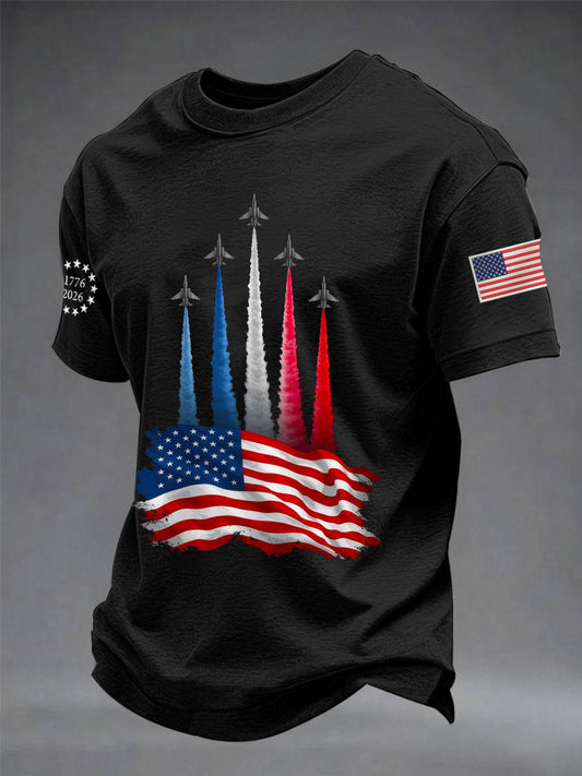 Men's Independence Day American Flag Jet Planes Print Casual Tee gracestitchs