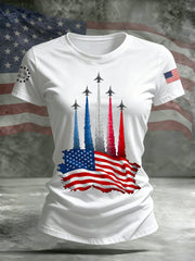 Women's Independence Day American Flag Jet Planes Print Casual Tee gracestitchs