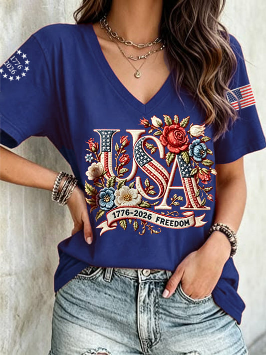Women's Independence Day Floral USA Flag Print Casual Tee gracestitchs