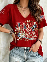Women's Independence Day Floral USA Flag Print Casual Tee gracestitchs