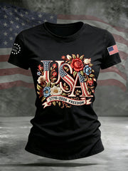 Women's Independence Day Floral USA Flag Print Casual Tee gracestitchs