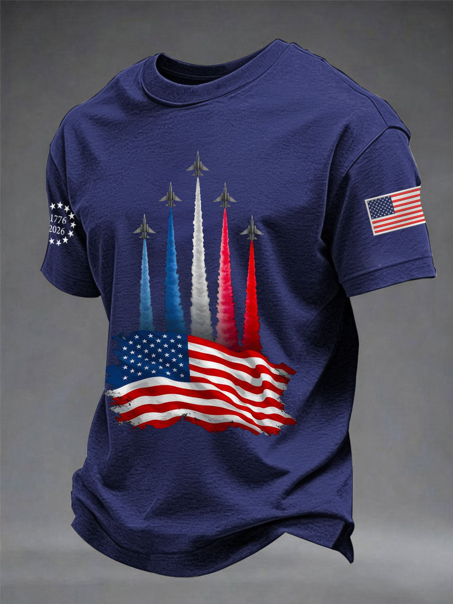 Men's Independence Day American Flag Jet Planes Print Casual Tee gracestitchs