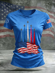 Women's Independence Day American Flag Jet Planes Print Casual Tee gracestitchs