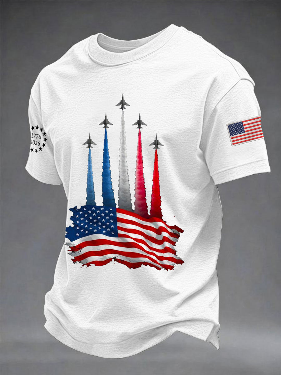 Men's Independence Day American Flag Jet Planes Print Casual Tee gracestitchs