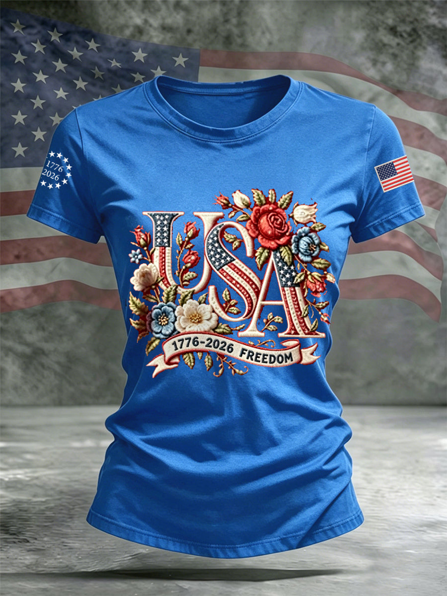 Women's Independence Day Floral USA Flag Print Casual Tee gracestitchs