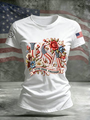 Women's Independence Day Floral USA Flag Print Casual Tee gracestitchs