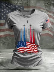 Women's Independence Day American Flag Jet Planes Print Casual Tee gracestitchs
