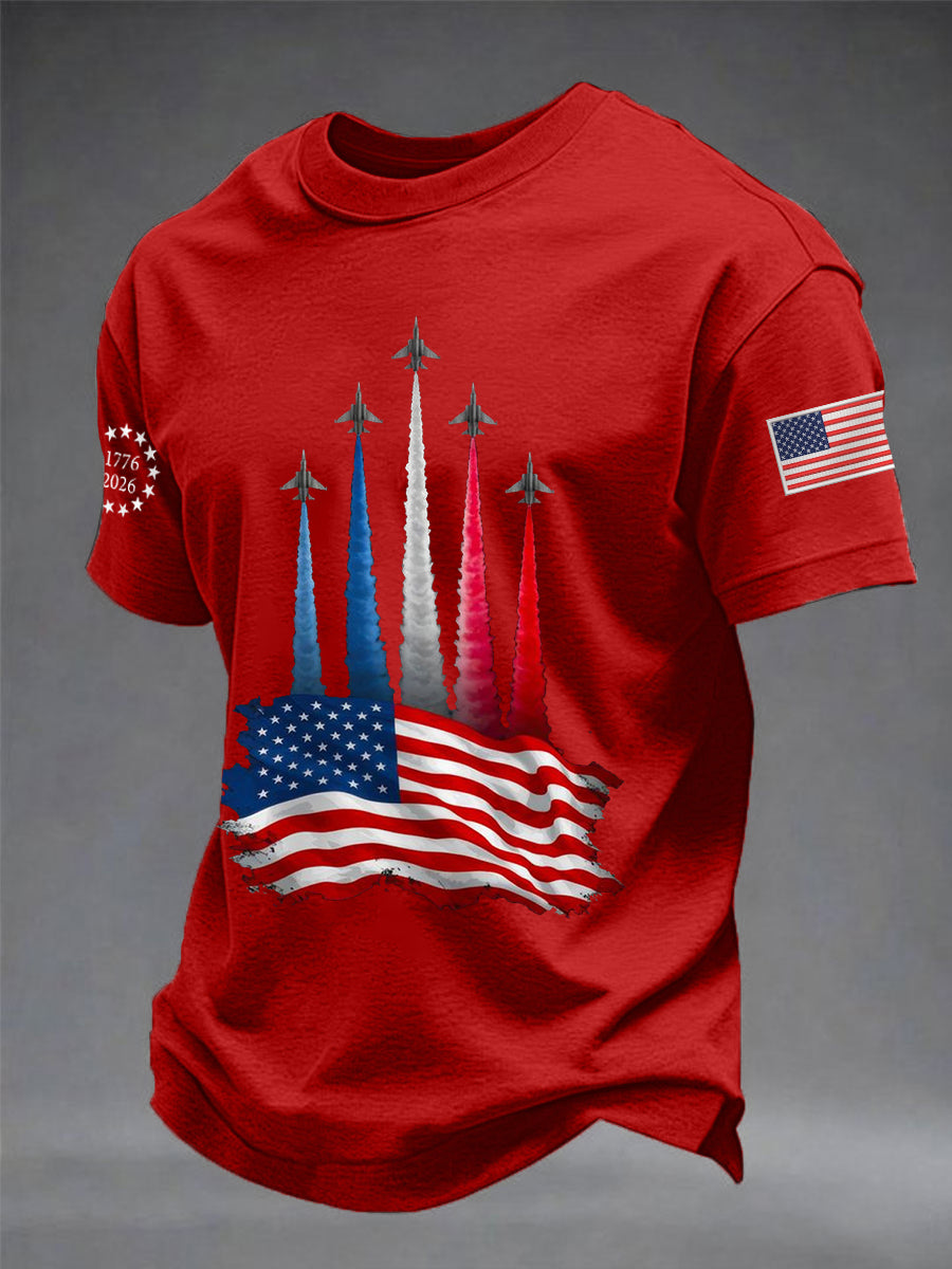 Men's Independence Day American Flag Jet Planes Print Casual Tee gracestitchs
