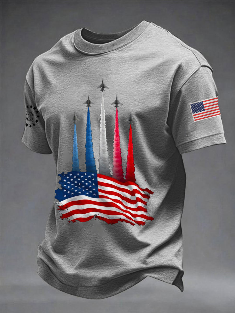 Men's Independence Day American Flag Jet Planes Print Casual Tee gracestitchs