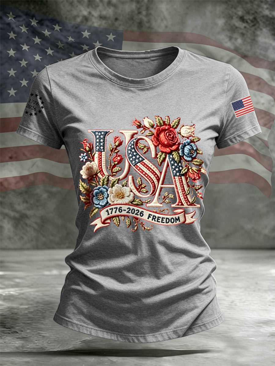 Women's Independence Day Floral USA Flag Print Casual Tee gracestitchs