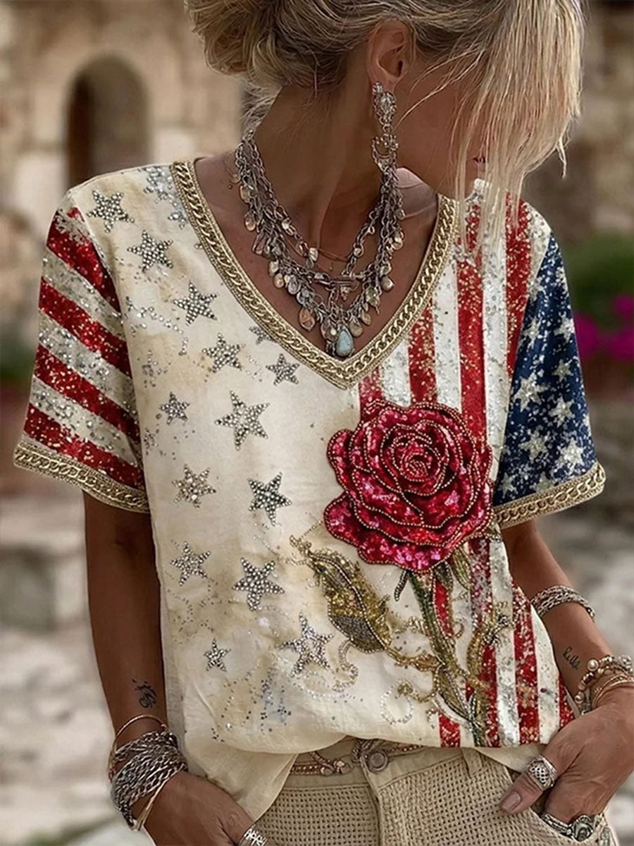 Women's American Flag Floral Print Casual T-shirt gracestitchs